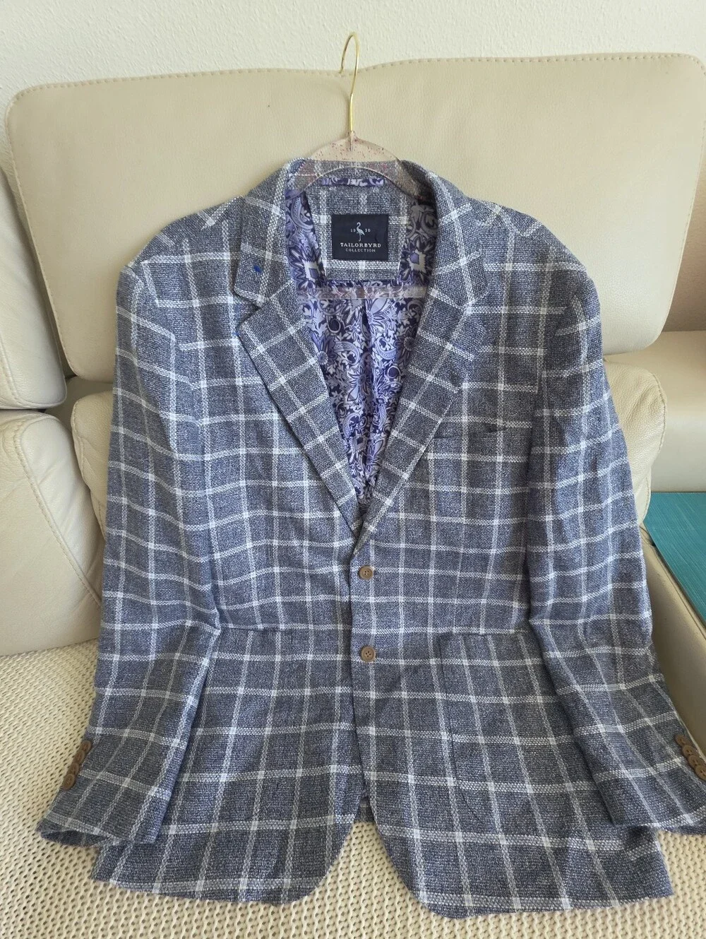 TailorByrd Blue Plaid Lightweight Blazer Sport Coat Paisley Lining 46R